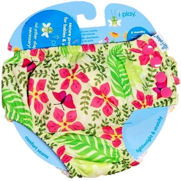 I-Play Reusable Absorbent Swimsuit Diaper - 6 Months - Green with Flowers - NWT - Picture 1 of 5
